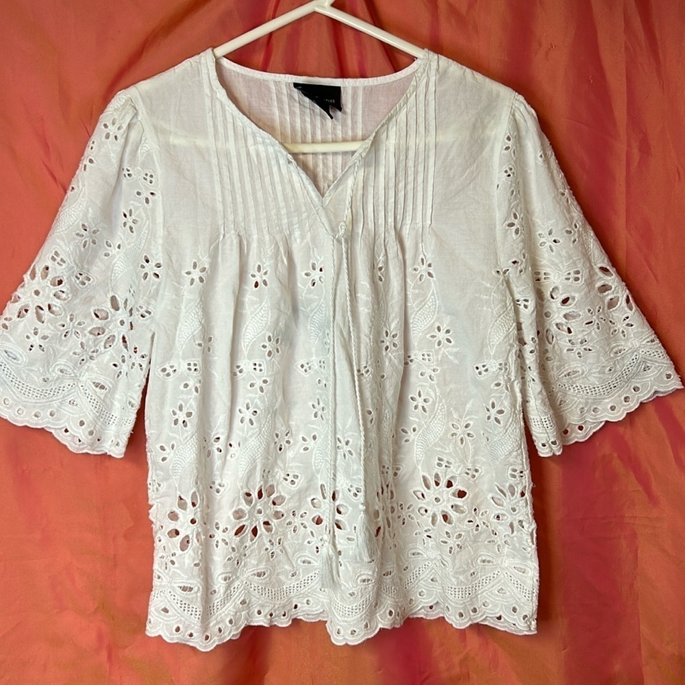 Liv Los Angeles Women’s Tunic Top Size L White Eyelet Tie Front 100% Cotton